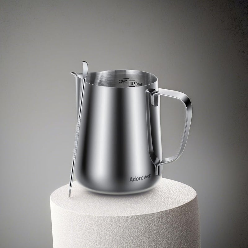 Adorever Milk Frothing Pitcher, 20oz Steaming Pitcher Stainless Steel Espresso Machine Accessories for Coffee Bar, Cappuccino Barista Tools Milk Jug Steamer Frother Cup with Decorating Latte Art Pen  - Image 5