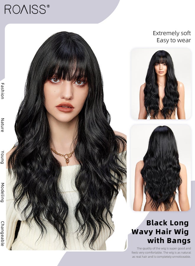 رويس باروكة شعر طويلة مموجة مع غرة للنساء، شعر صناعي ناعم مقاوم للحرارة، شعر مستعار طبيعي منفوش لحفلات الزفاف والتنكر والارتداء اليومي، أسود 68 سم (26.8 بوصة) - Image 1