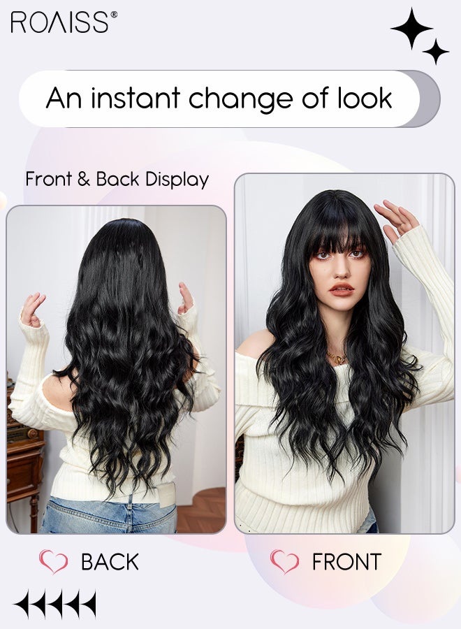 رويس باروكة شعر طويلة مموجة مع غرة للنساء، شعر صناعي ناعم مقاوم للحرارة، شعر مستعار طبيعي منفوش لحفلات الزفاف والتنكر والارتداء اليومي، أسود 68 سم (26.8 بوصة) - Image 2