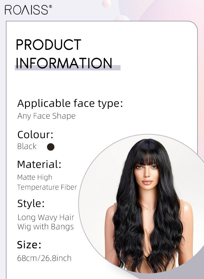 رويس باروكة شعر طويلة مموجة مع غرة للنساء، شعر صناعي ناعم مقاوم للحرارة، شعر مستعار طبيعي منفوش لحفلات الزفاف والتنكر والارتداء اليومي، أسود 68 سم (26.8 بوصة) - Image 3