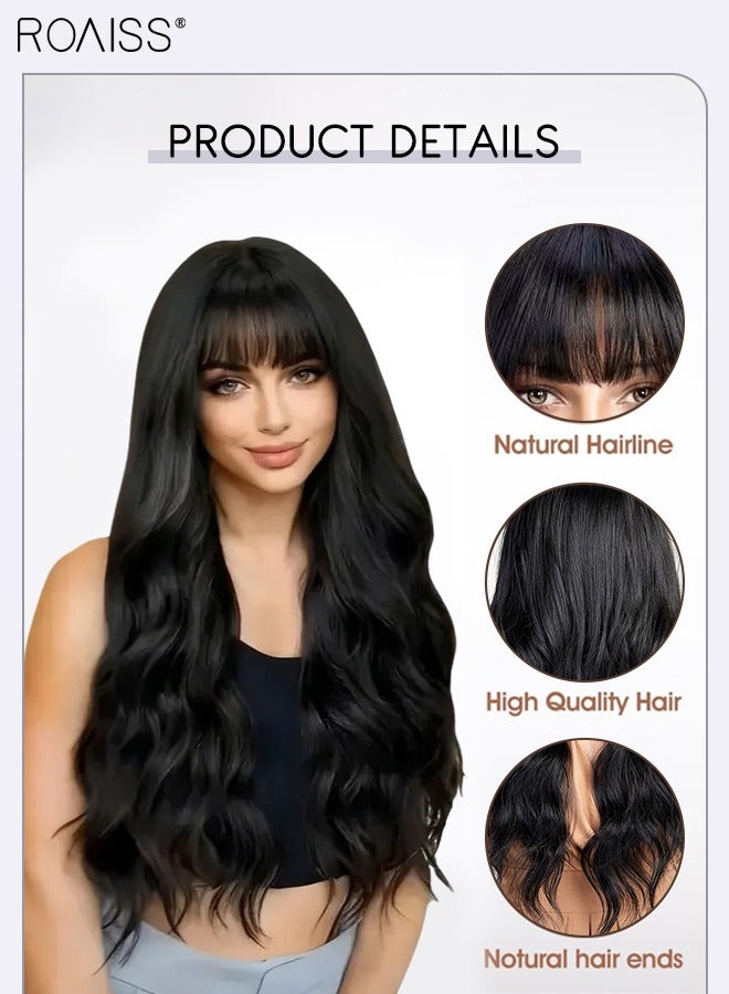 رويس باروكة شعر طويلة مموجة مع غرة للنساء، شعر صناعي ناعم مقاوم للحرارة، شعر مستعار طبيعي منفوش لحفلات الزفاف والتنكر والارتداء اليومي، أسود 68 سم (26.8 بوصة) - Image 5