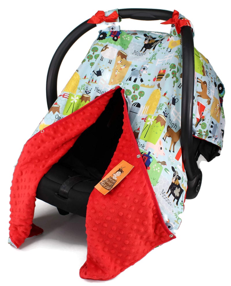 Dear Baby Gear Carseat Canopy with Snap Opening for Girls Boys Infant Car Chair Canopies Nursing Covers 37x29 Farm Life Animals and Tractor Red