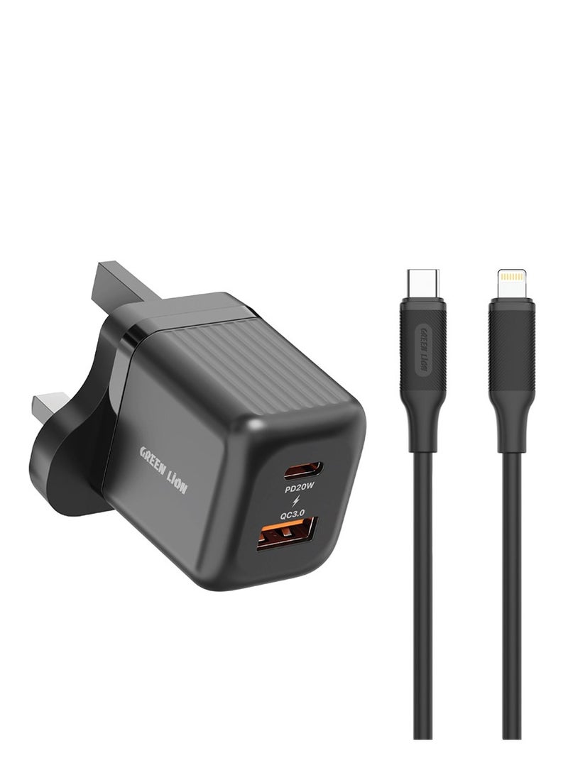 GREEN LION Ultra Compact GaN Wall Charger 2 Port UK Pin PD20W + QC3.0 with USB-C to Lightning Cable/ USB-C & USB-A Ports / Simultaneous Charging for Phone & Laptop /Charging  Protection / Travel / Secure Charger for Home & Office - Black - Image 1