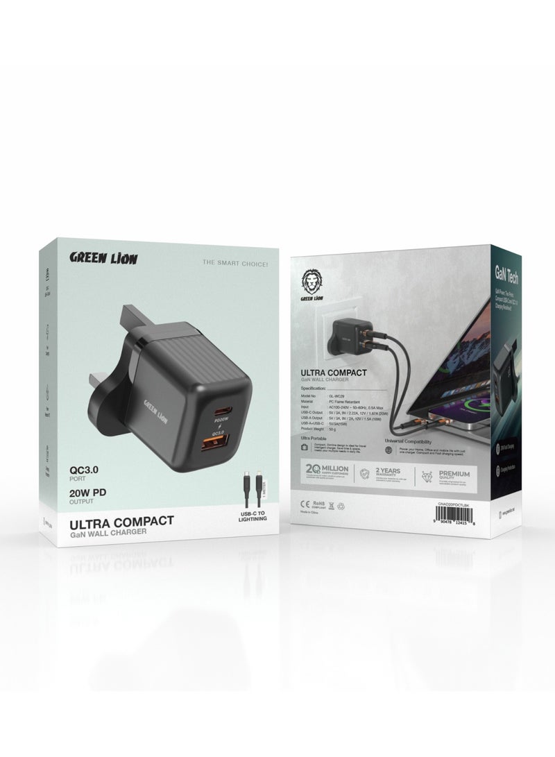 GREEN LION Ultra Compact GaN Wall Charger 2 Port UK Pin PD20W + QC3.0 with USB-C to Lightning Cable/ USB-C & USB-A Ports / Simultaneous Charging for Phone & Laptop /Charging  Protection / Travel / Secure Charger for Home & Office - Black - Image 5