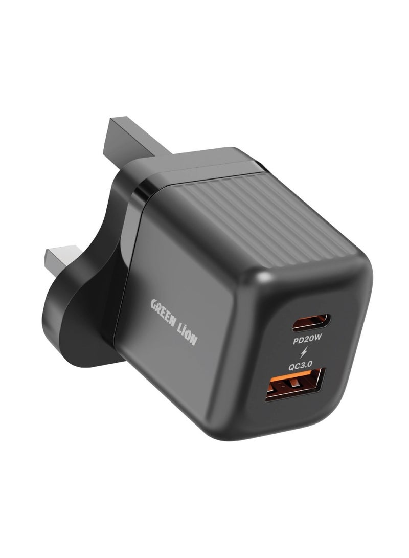 GREEN LION Ultra Compact GaN Wall Charger 2 Port UK Pin PD20W + QC3.0 with USB-C to Lightning Cable/ USB-C & USB-A Ports / Simultaneous Charging for Phone & Laptop /Charging  Protection / Travel / Secure Charger for Home & Office - Black - Image 4