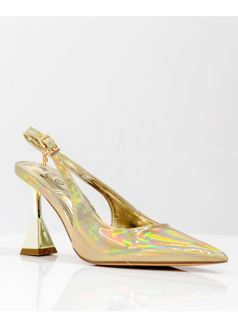 LAMARAPARIS Sonia 7cm spool heel sling back pump gold