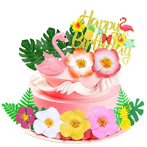 BANBALLON 13 Pieces Flamingo Cake Toppers Summer Cake Decoration with Cute Pink Flamingo Figures and Hibiscus Flower Palm Leaves for Tropical Hawaiian and Beach Themed Party Supplies - Image 1
