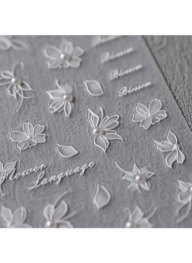 rocooart High 3D Embossed White Flower Nail Art Stickers Decals Self-Adhesive 5D Nail Supplies Nail Art Design Decoration Accessories （Pearls and Flowers 1 Sheets） - Image 4