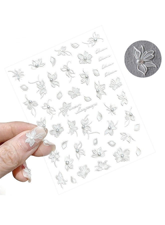 rocooart High 3D Embossed White Flower Nail Art Stickers Decals Self-Adhesive 5D Nail Supplies Nail Art Design Decoration Accessories （Pearls and Flowers 1 Sheets） - Image 1