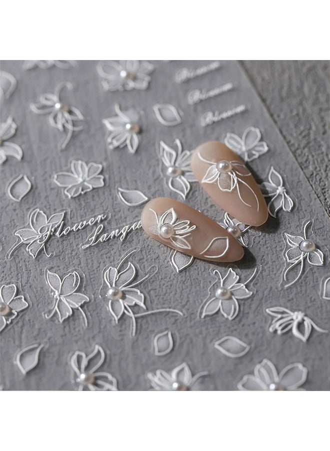 rocooart High 3D Embossed White Flower Nail Art Stickers Decals Self-Adhesive 5D Nail Supplies Nail Art Design Decoration Accessories （Pearls and Flowers 1 Sheets） - Image 3