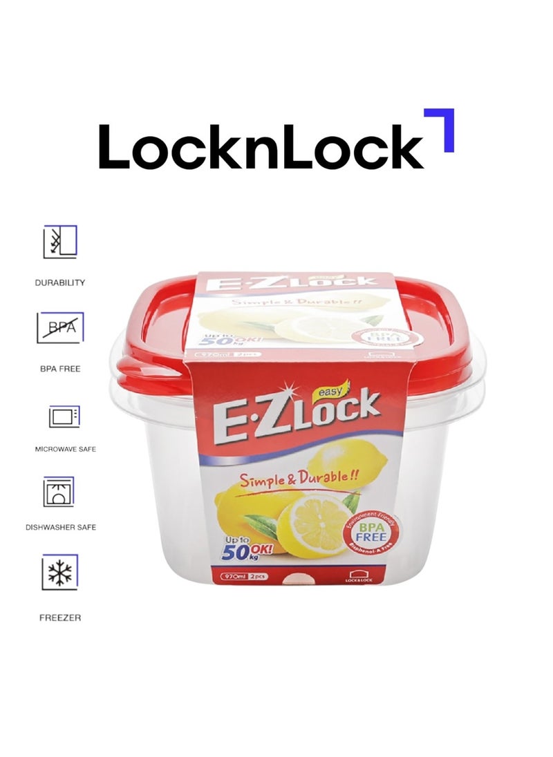 LOCK & LOCK LocknLock EzLock Square Container Set - 970ml (Set of 2), Clear Base, Stackable, Microwave-Safe  - Image 1