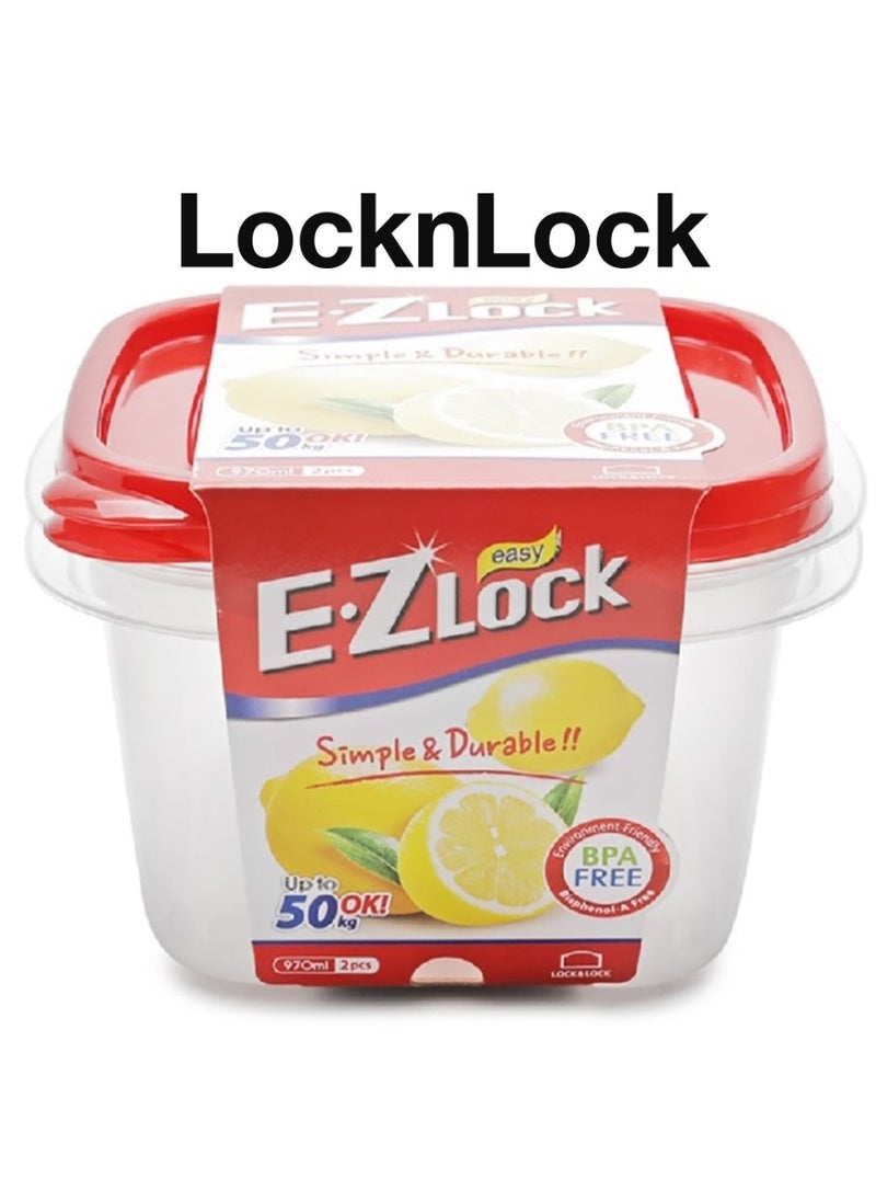 LOCK & LOCK - LocknLock EzLock Square Container Set - 970ml (Set of 2), Clear Base, Stackable, Microwave-Safe - Image 1