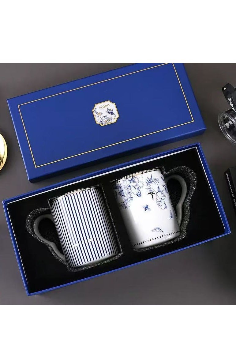 Floris 2pcs Tea Sets, With 2 Tea Cups, One Retro Floral Pattern Design Coffee Mug, One Classic Striped Water Mug,Porcelain Modern Water Cup For Office And Home, Gift Box For Mother's Day Or Birthday. - Image 1