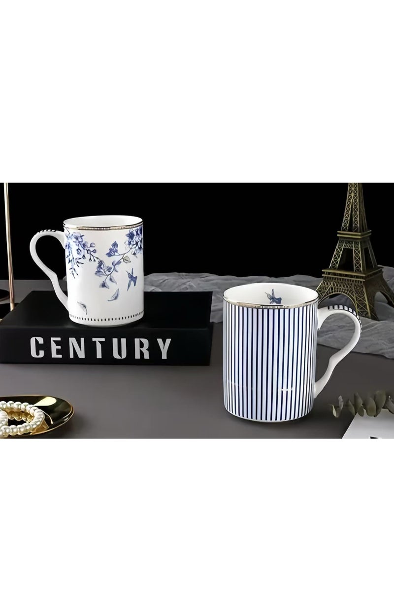Floris 2pcs Tea Sets, With 2 Tea Cups, One Retro Floral Pattern Design Coffee Mug, One Classic Striped Water Mug,Porcelain Modern Water Cup For Office And Home, Gift Box For Mother's Day Or Birthday. - Image 2