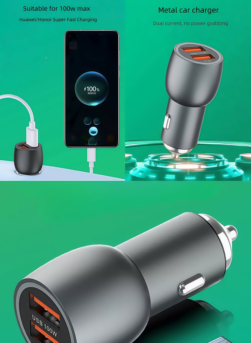 100W Metal Car Charger | Mini Fast Charging Cigarette Lighter Dual USB Car Phone Charger Head - Image 1