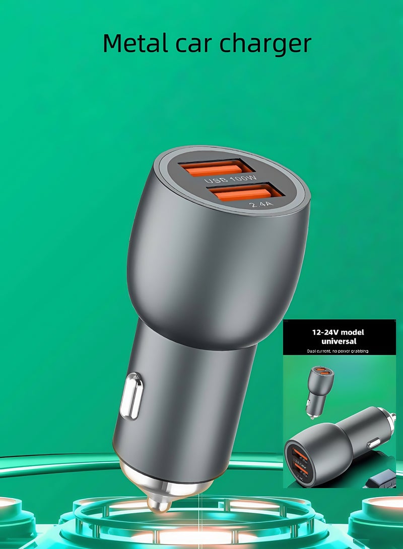 100W Metal Car Charger | Mini Fast Charging Cigarette Lighter Dual USB Car Phone Charger Head - Image 3