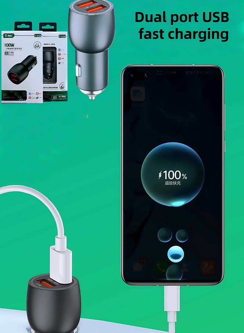 100W Metal Car Charger | Mini Fast Charging Cigarette Lighter Dual USB Car Phone Charger Head - Image 4