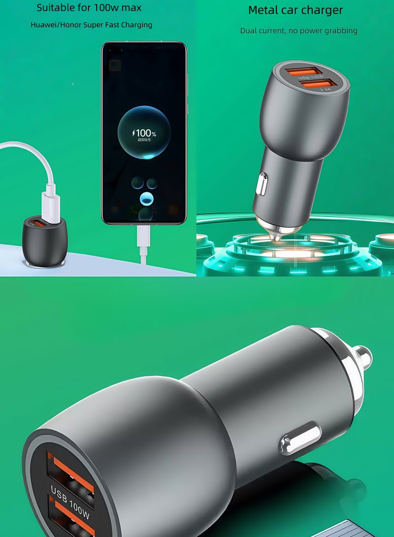 100W Metal Car Charger | Mini Fast Charging Cigarette Lighter Dual USB Car Phone Charger Head - Image 5