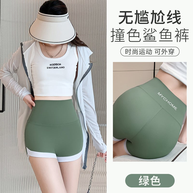 Womens Contrast Color Shark Shorts Sportswear Green (Patchwork Yoga Pants) 