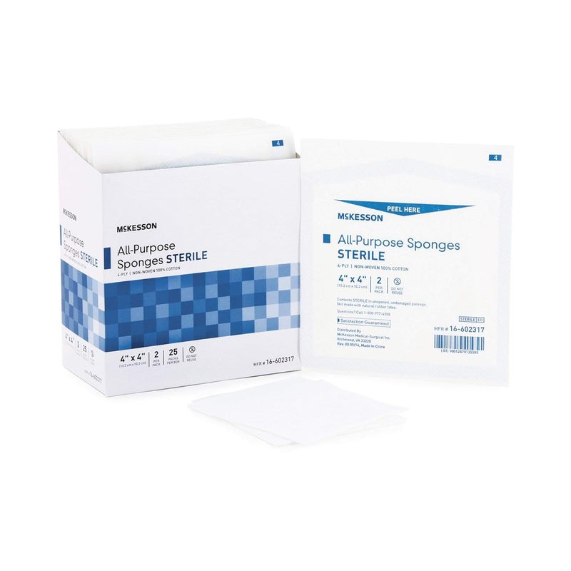 McKesson All Purpose Sponges, Sterile, 4-Ply, 100% Cotton, 4 in x 4 in, 2 per Pack, 25 Packs, 50 Total