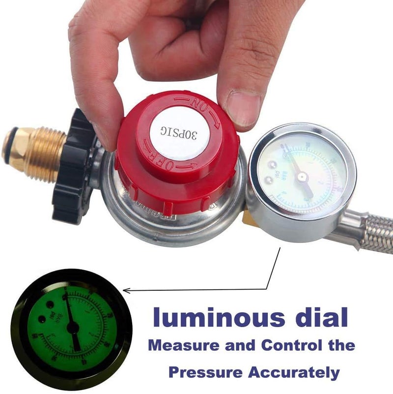 LONGADS 12FT High Pressure Propane Regulator with Hose, Adjustable 0-30 PSI Regulator with Gauge, Stainless Steel Braided Hose, Connect 5-100LB POL Propane Tank to Fire Pit Burner Heater Fryer Smoker Griddle - Image 4