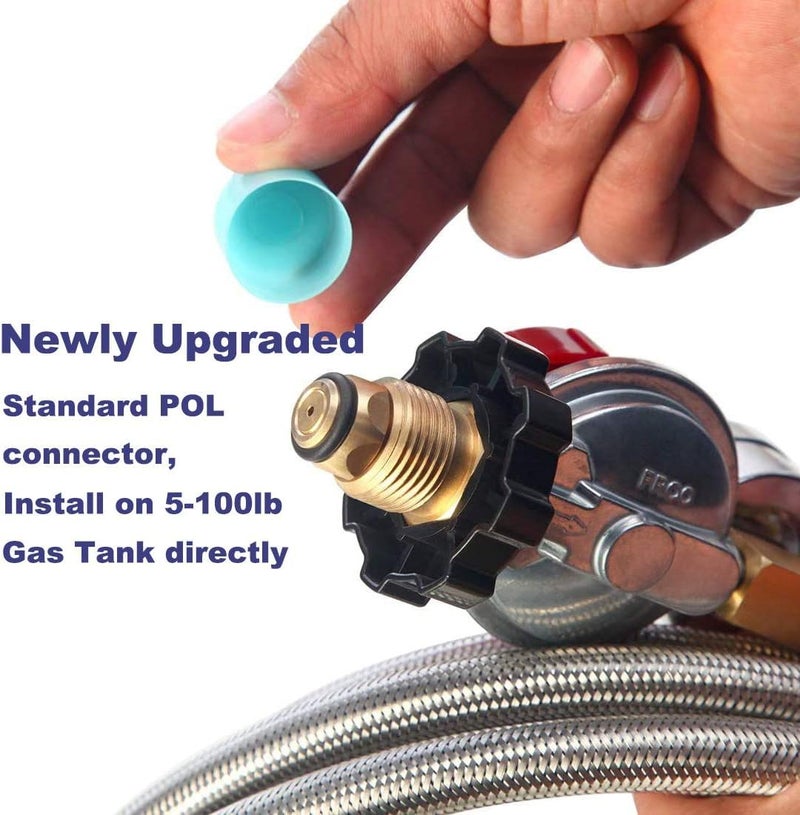 LONGADS 12FT High Pressure Propane Regulator with Hose, Adjustable 0-30 PSI Regulator with Gauge, Stainless Steel Braided Hose, Connect 5-100LB POL Propane Tank to Fire Pit Burner Heater Fryer Smoker Griddle - Image 3