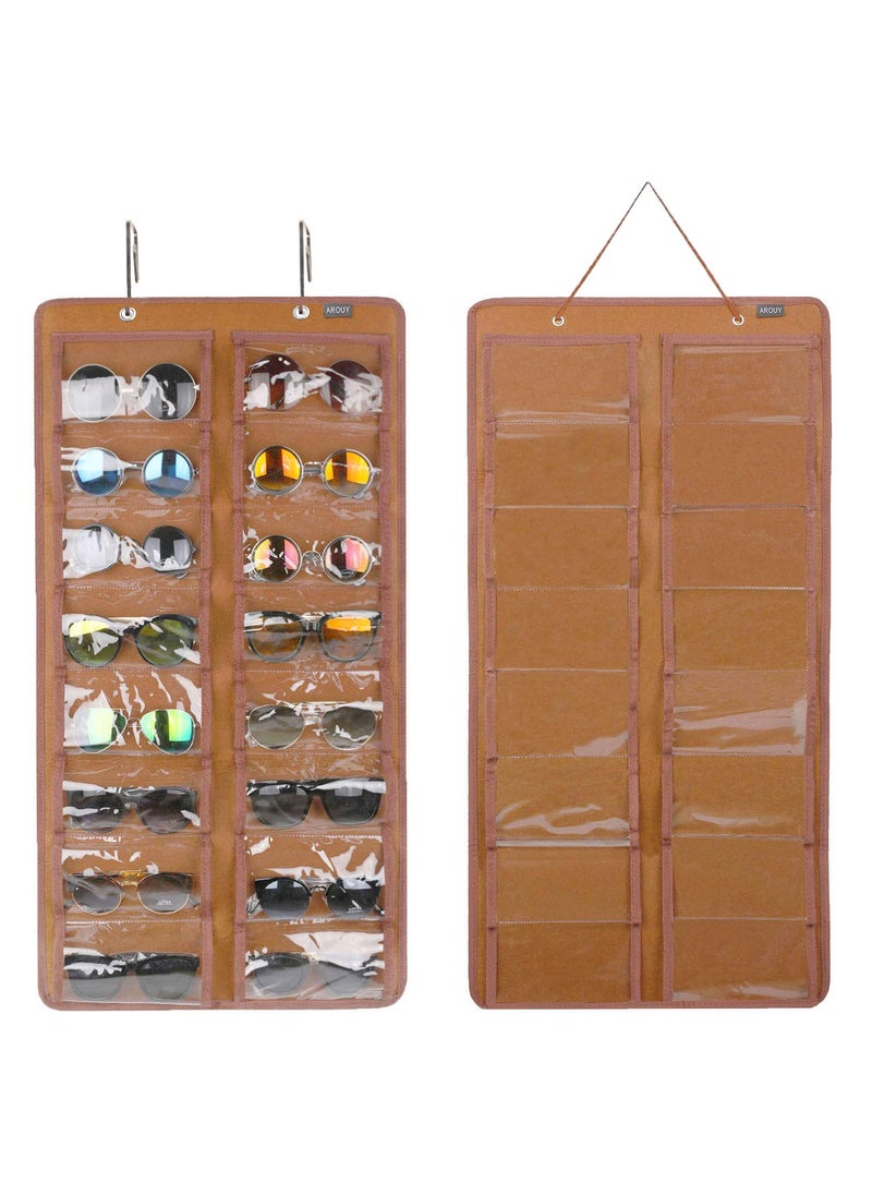 AROUY AROUY Sunglasses Organizer  Hanging Wall Pocket with 16 Felt Slots Metal Hook and Sturdy Rope Brown Dust Proof 