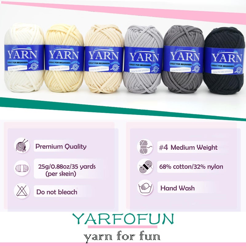 YARFOFUN 6 Pack Beginners Crochet Yarn Black Grey Beige White Cotton Nylon Blend Yarn for Crocheting Knitting with Easy-to-See Stitches - Black White Series - Image 4
