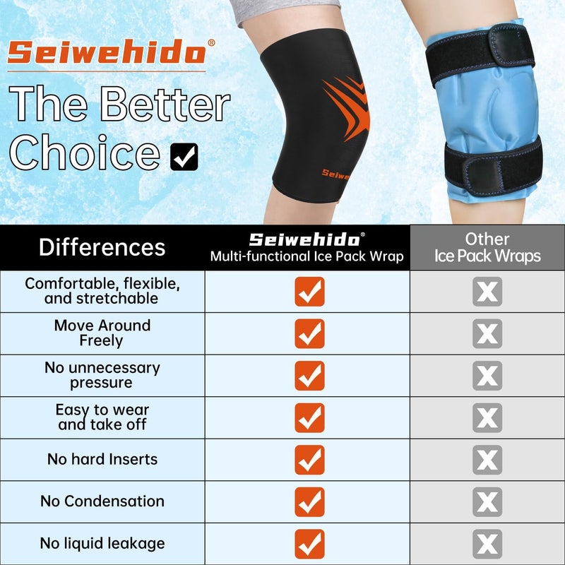 SEIWEHIDO غطاء ثلج للركبة مع تمديد للساق للإصابات ضغط قابل لإعادة الاستخدام جل ناعم تجميد للركبتين دعامة للتورم استبدال الجراحة علاج بارد لالتهاب المفاصل تمزق الغضروف الركبي أسود 2 عبوة - Image 5