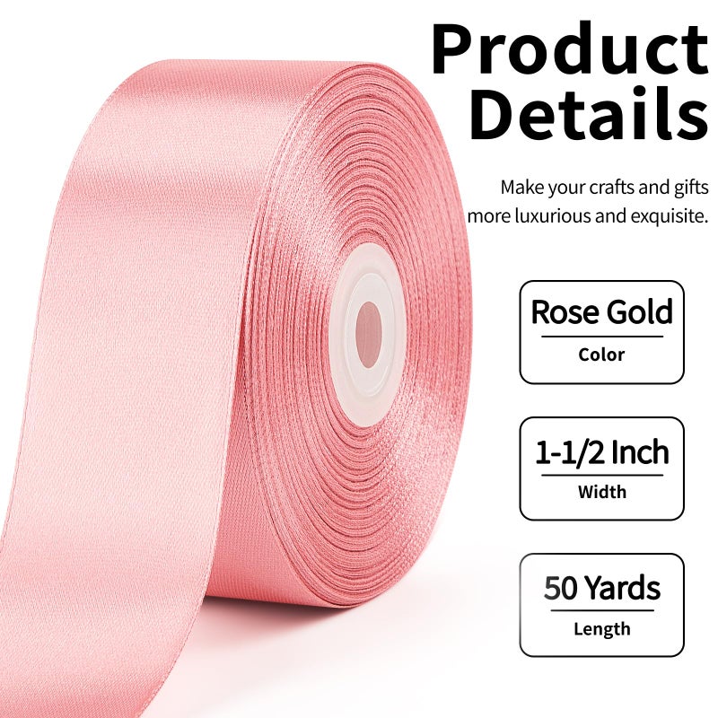 Mauproy 1-1/2 Inch Wide Rose Gold Satin Ribbon, 50 Yards Solid Polyester Fabric Ribbon for Roses Making, Gift Wrapping, Mother's Day, Wedding Decorations, Crafts, Bows - Image 2