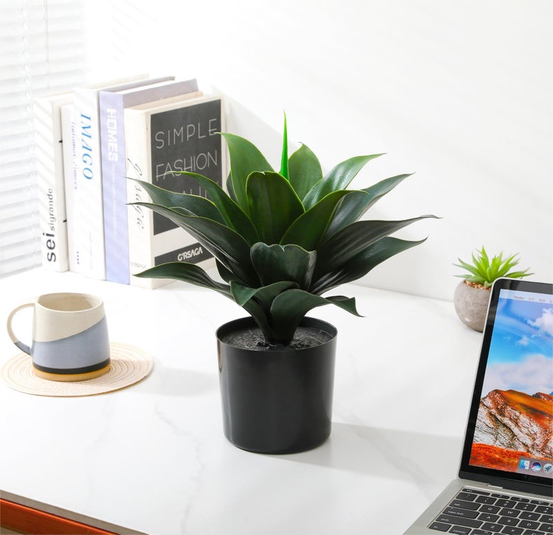 JUSTOYOU 14" Large Artificial Succulent Faux Agave Plant in Pot, Fake Potted Desk Plant Realistic Greenery Artificial Plants for Indoor Office Home Decor Bathroom Kitchen Shelf (Dark Green) - Image 2