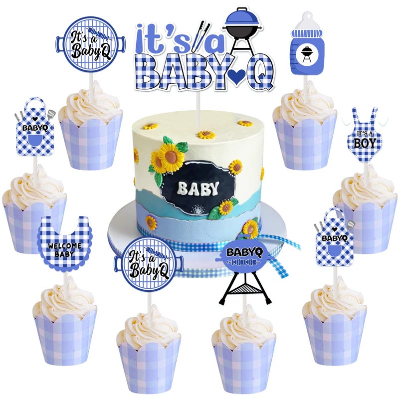 Cheereveal Bbq Baby Shower Decorations Boy  25 Pcs Babyq Baby Shower Cake Cupcake Toppers Its a Baby Q Party Decorations Cake Topper for Barbecue Picnic Theme Baby Shower Decorations Blue - Image 3
