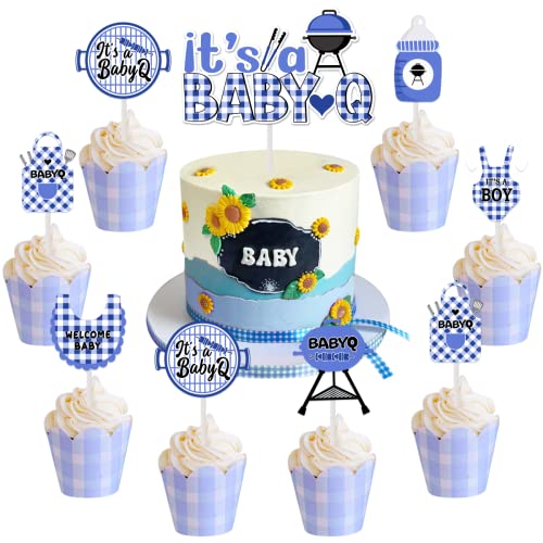 Cheereveal Bbq Baby Shower Decorations Boy  25 Pcs Babyq Baby Shower Cake Cupcake Toppers Its a Baby Q Party Decorations Cake Topper for Barbecue Picnic Theme Baby Shower Decorations Blue - Image 1