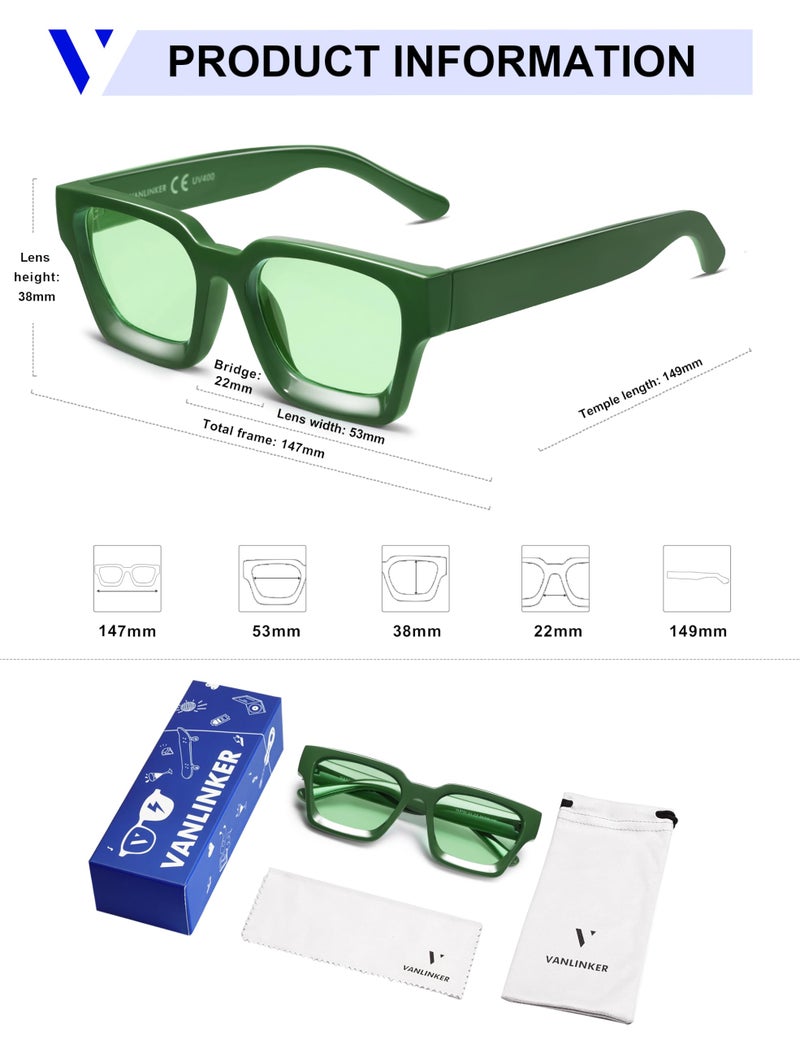 VANLINKER Thick Square Sunglasses for Men Women Retro Chunky Rectangle Shades UV400 Protection VL9731 Green - Image 5