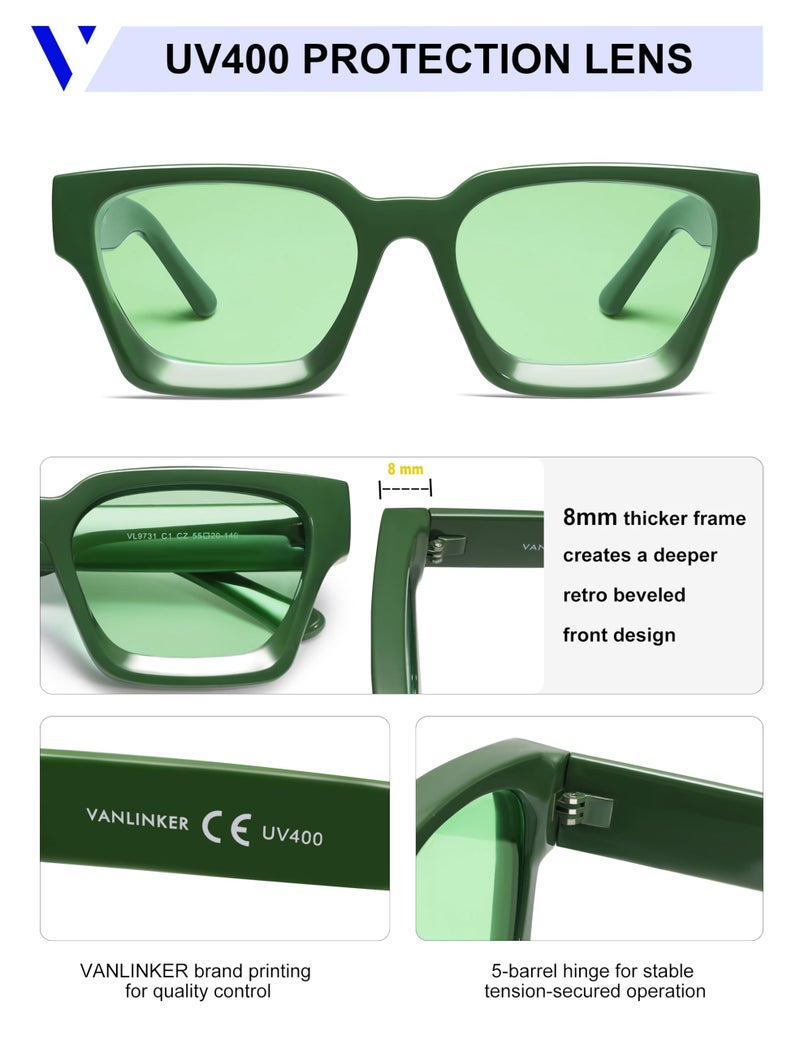 VANLINKER Thick Square Sunglasses for Men Women Retro Chunky Rectangle Shades UV400 Protection VL9731 Green - Image 4
