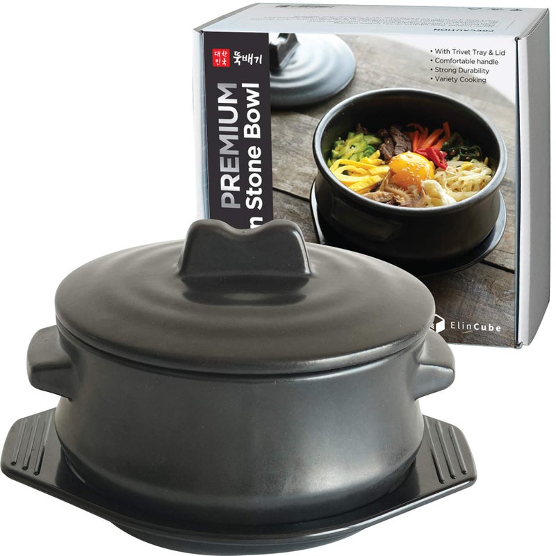 ElinCube Korean Stone pot with Lid & Platter, Clay Pot for Cooking Hot Pot Dolsot Bibimbap and Soup Cookware - Image 1