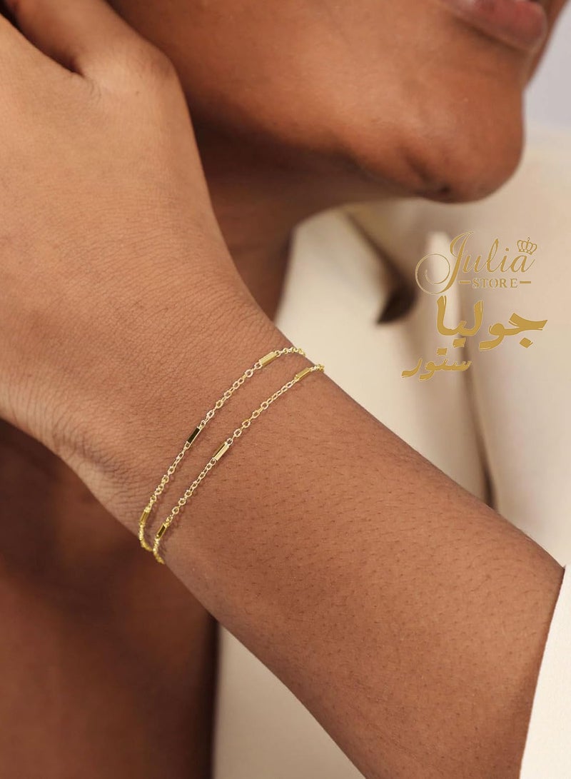 Julia Store 18k Gold Plated Stainless Steel Dainty Layered Charms Bracelet Satellite Beads Box Rope Bracelet Adjustable Link Chain Bracelet Jewelry Gifts - Image 2