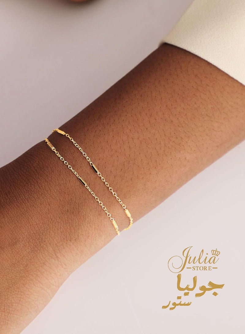 Julia Store 18k Gold Plated Stainless Steel Dainty Layered Charms Bracelet Satellite Beads Box Rope Bracelet Adjustable Link Chain Bracelet Jewelry Gifts - Image 3