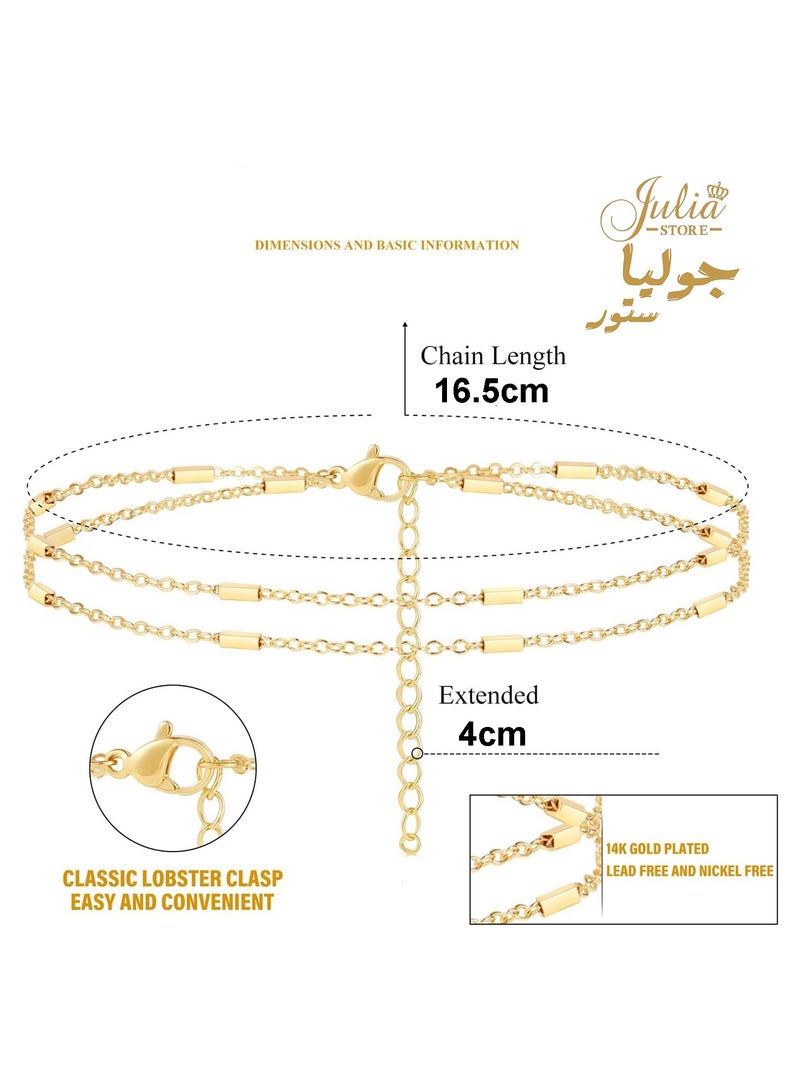 Julia Store 18k Gold Plated Stainless Steel Dainty Layered Charms Bracelet Satellite Beads Box Rope Bracelet Adjustable Link Chain Bracelet Jewelry Gifts - Image 4