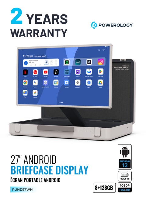 27" Android Briefcase Display / Screen Mirroring and Video Conference / Adaptable Viewing Angles / Portable Tablet / Camping / Playing Games / Movies / Compact and Easy-to-Carry - White