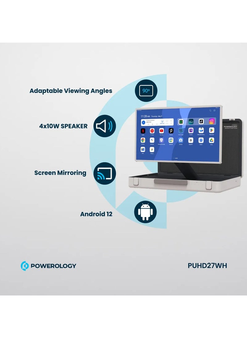 27" Android Briefcase Display / Screen Mirroring and Video Conference / Adaptable Viewing Angles / Portable Tablet / Camping / Playing Games / Movies / Compact and Easy-to-Carry - White