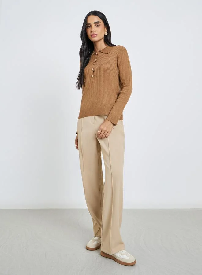 Styli Styli Women Brown Ribbed Knit Polo Top