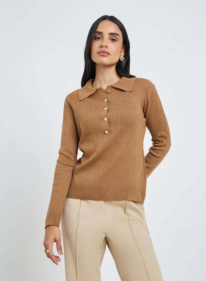 Styli Styli Women Brown Ribbed Knit Polo Top