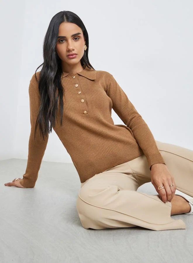 Styli Women Brown Ribbed Knit Polo Top