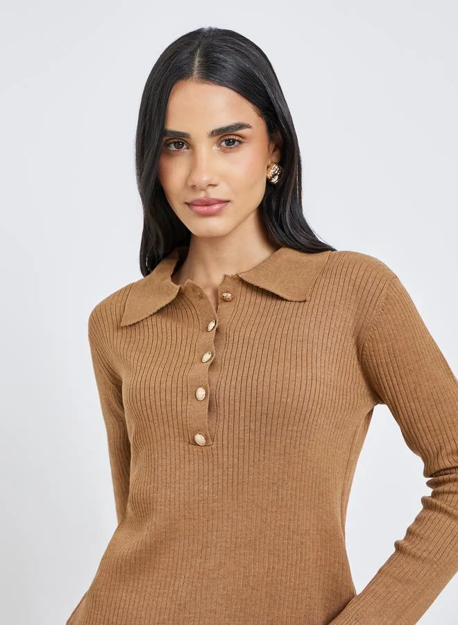 Styli Women Brown Ribbed Knit Polo Top