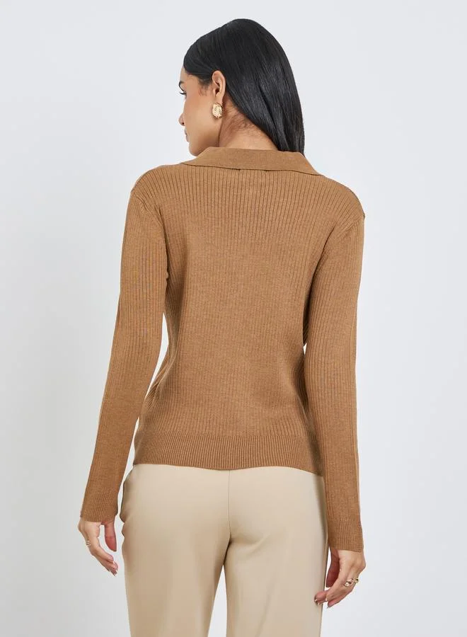 Styli Women Brown Ribbed Knit Polo Top
