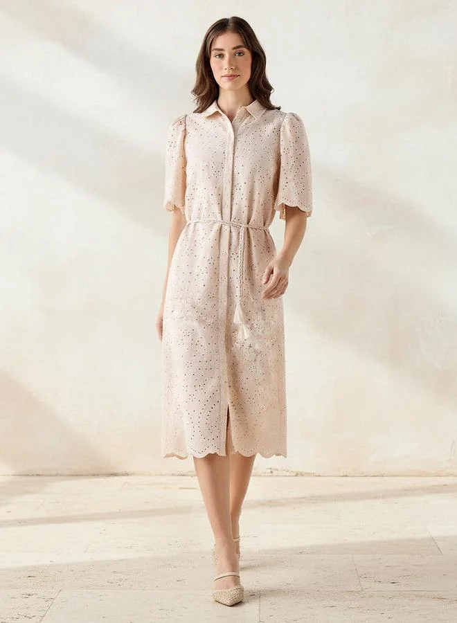 2Xtremz 2Xtremz Schiffili Embroidered Women Shirt Dress with Tie Up Belt Cotton