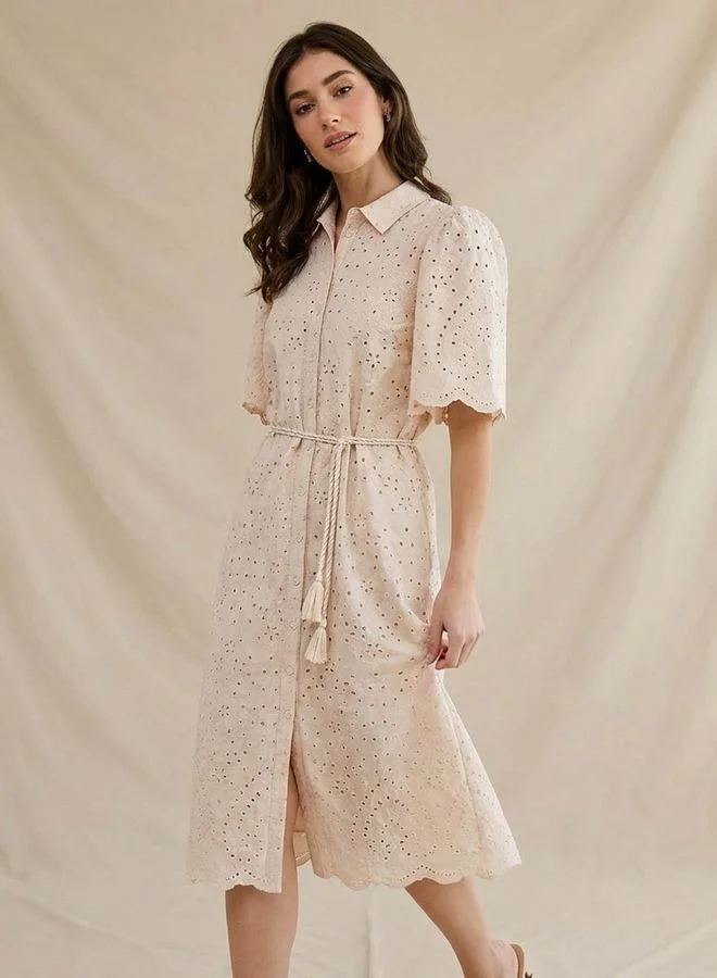2Xtremz 2Xtremz Schiffili Embroidered Women Shirt Dress with Tie Up Belt Cotton