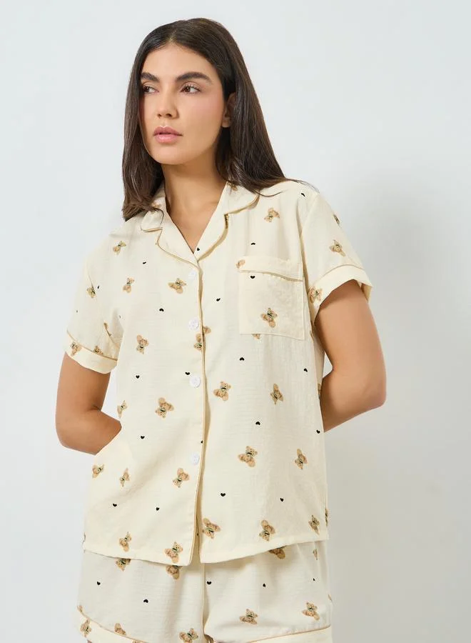Take Two Beige Teddy Bear Print Shirt and Shorts Set