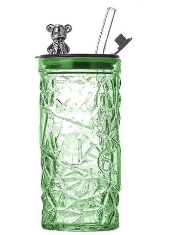 Happy Home Glass Cup With Straw, Glass With Plastic Lid, Stylish Design With A Small Teddy Bear On The Lid, For Cold And Hot Drinks, 400 Ml  - Image 2